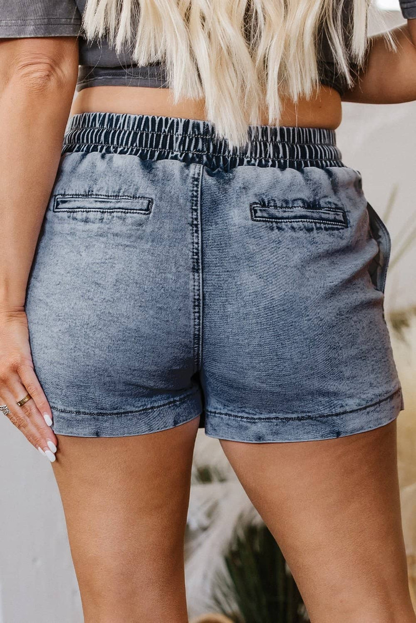Dusk Blue Drawstring High Waist Pocketed Denim Shorts
