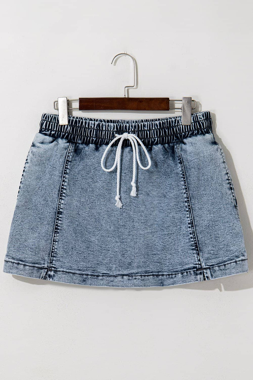 Dusk Blue Drawstring High Waist Pocketed Denim Shorts