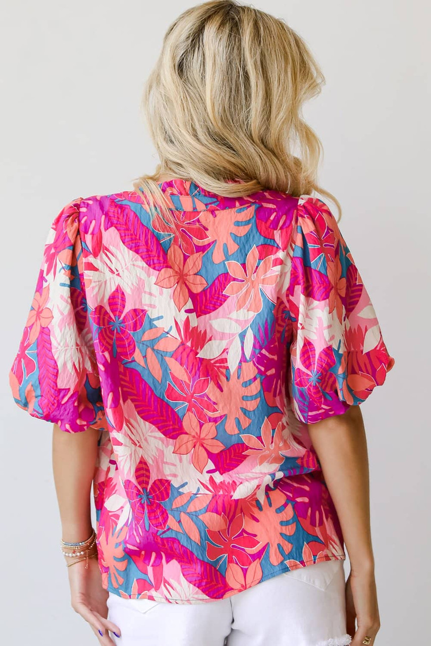 Rose Tropical Plant Printed V Neck Puff Sleeve Blouse