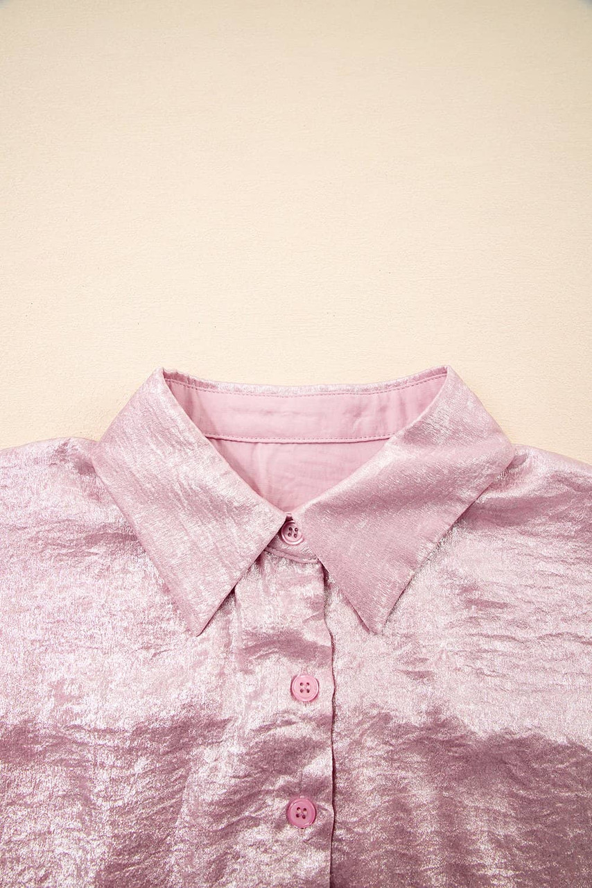 Pink Metallic Sheen Short Sleeve Buttoned Front Casual Shirt