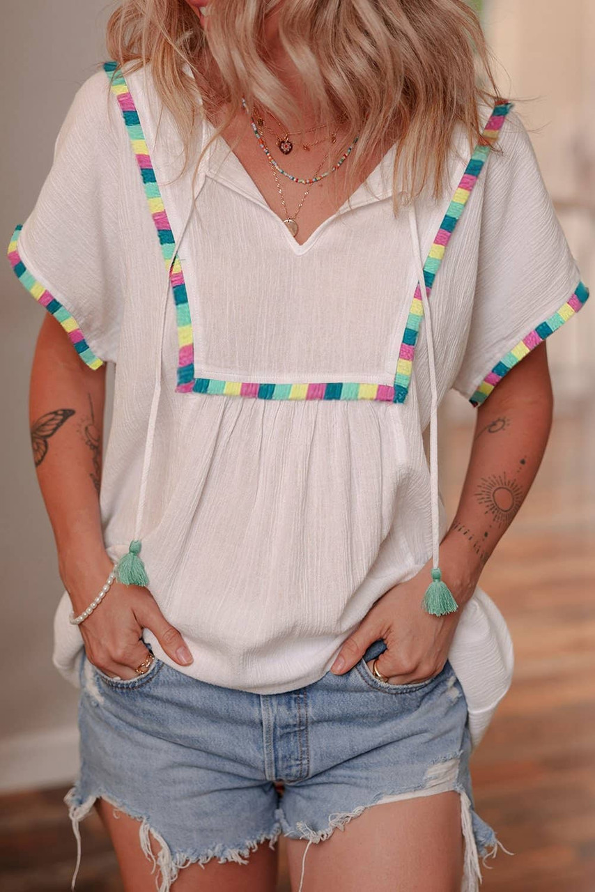 White Colorful Fringed Detail Tassel Tie Neck Short Sleeve Blouse White Colorful Fringed Detail Tassel Tie Neck Short Sleeve Blouse