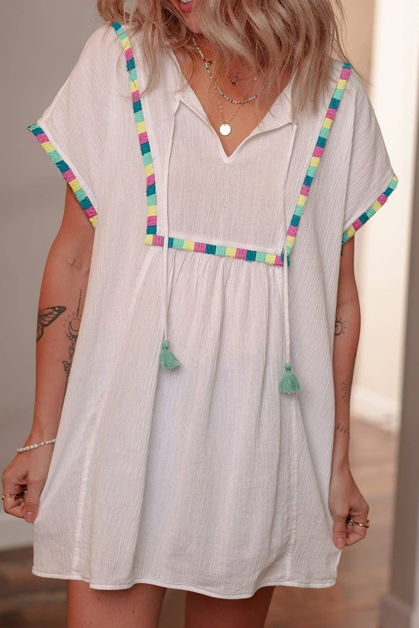 White Colorful Fringed Detail Tassel Tie Neck Short Sleeve Blouse White Colorful Fringed Detail Tassel Tie Neck Short Sleeve Blouse