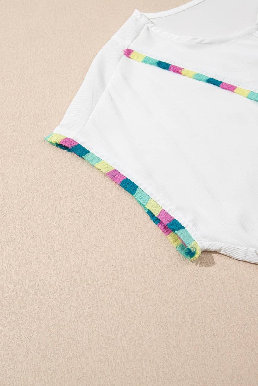 White Colorful Fringed Detail Tassel Tie Neck Short Sleeve Blouse White Colorful Fringed Detail Tassel Tie Neck Short Sleeve Blouse