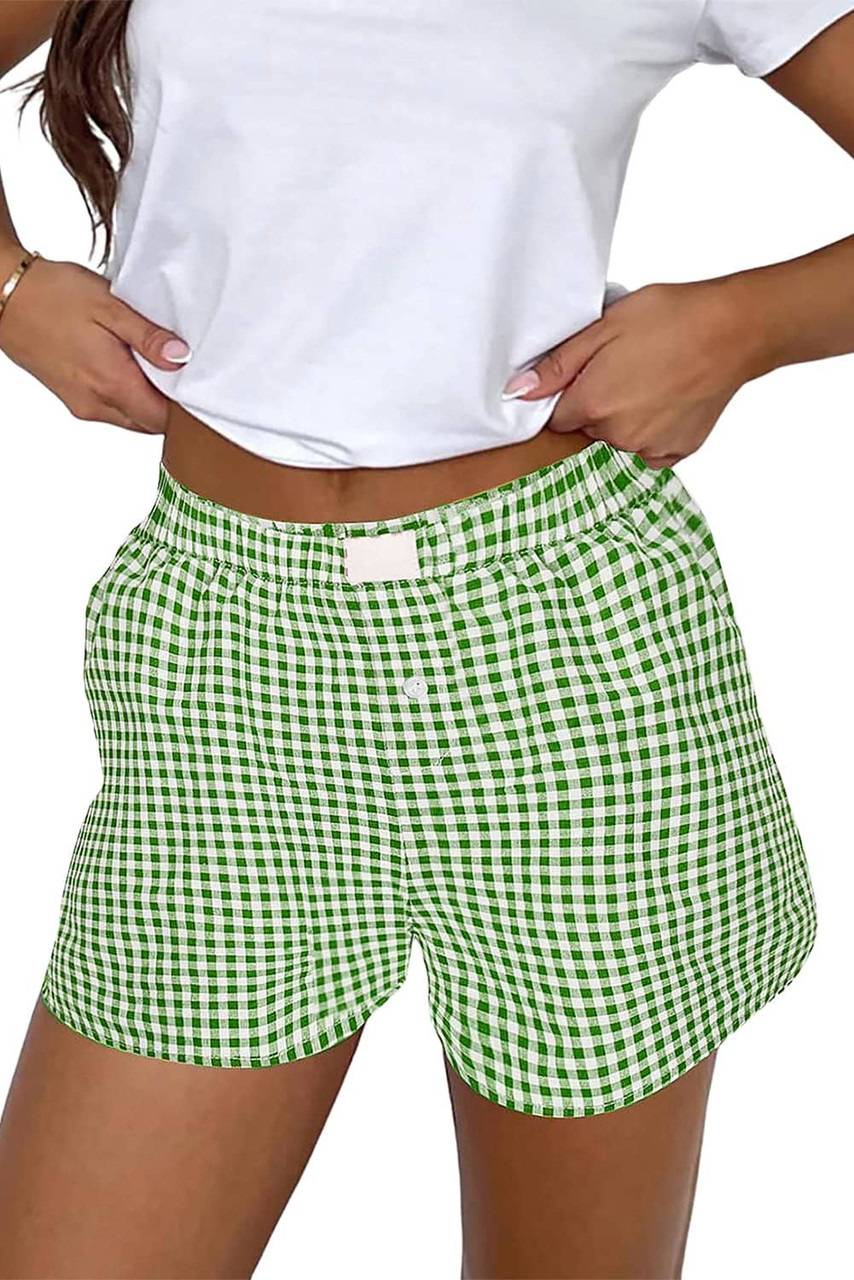 Fern Green Red Plaid Gingham Printed High Waist Shorts