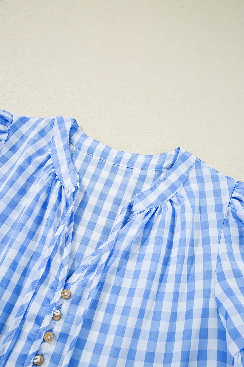 Sky Blue Gingham Short Sleeve Button Tie Split Neck Loose Mini Dress