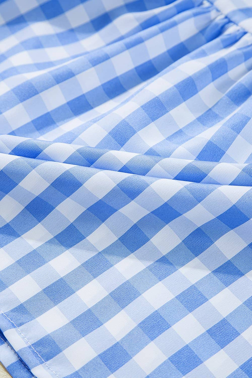 Sky Blue Gingham Short Sleeve Button Tie Split Neck Loose Mini Dress