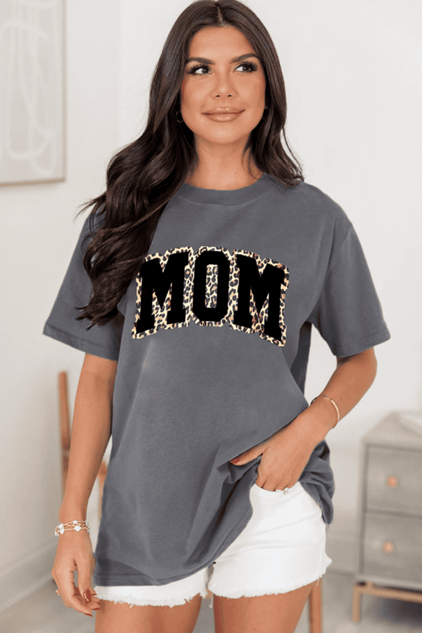 Gray Leopard MOM Graphic Crewneck Mothers Day T Shirt