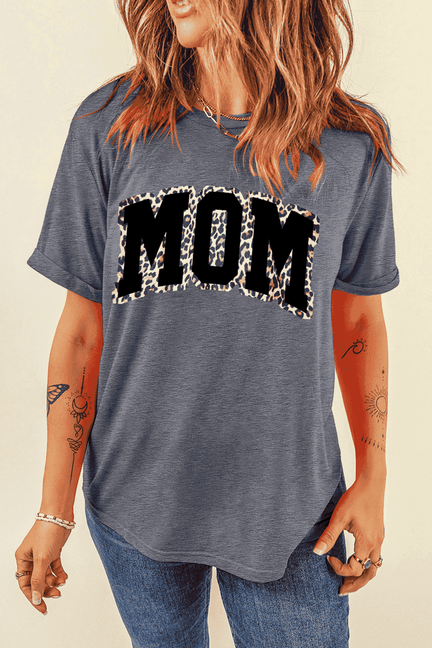 Gray Leopard MOM Graphic Crewneck Mothers Day T Shirt