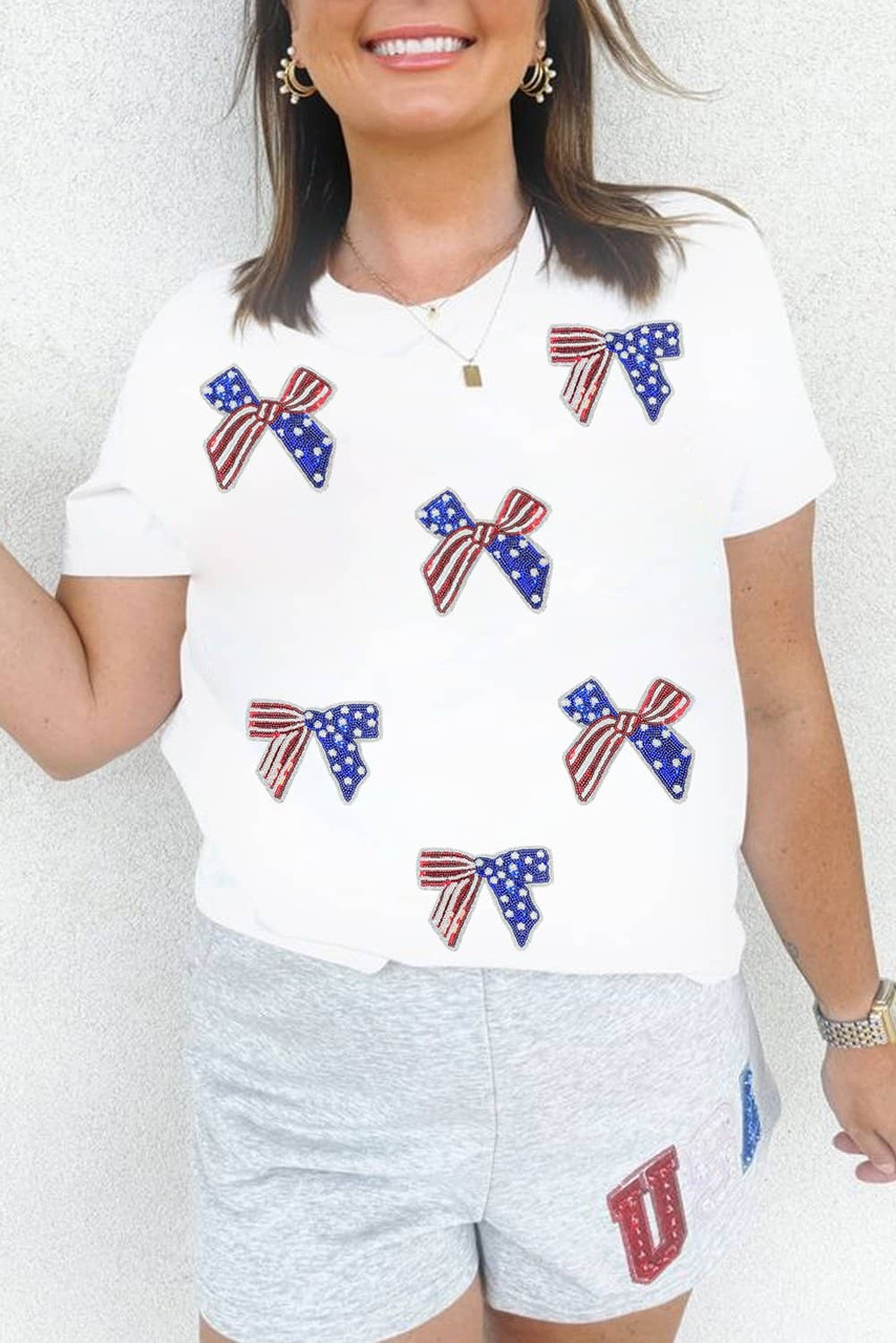 White Sequin Flag Bow Pattern Crew Neck Patriotic Tee White Sequin Flag Bow Pattern Crew Neck Patriotic Tee