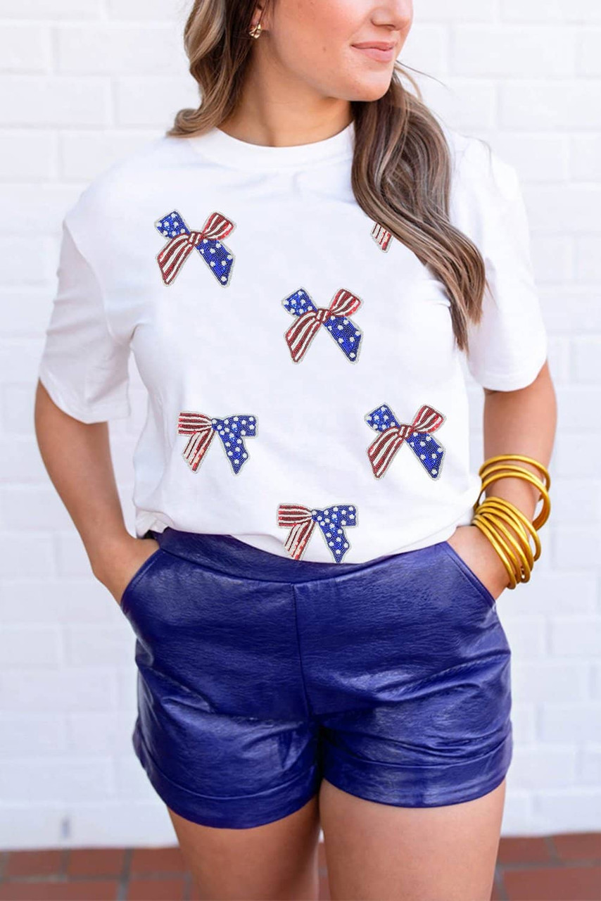 White Sequin Flag Bow Pattern Crew Neck Patriotic Tee White Sequin Flag Bow Pattern Crew Neck Patriotic Tee