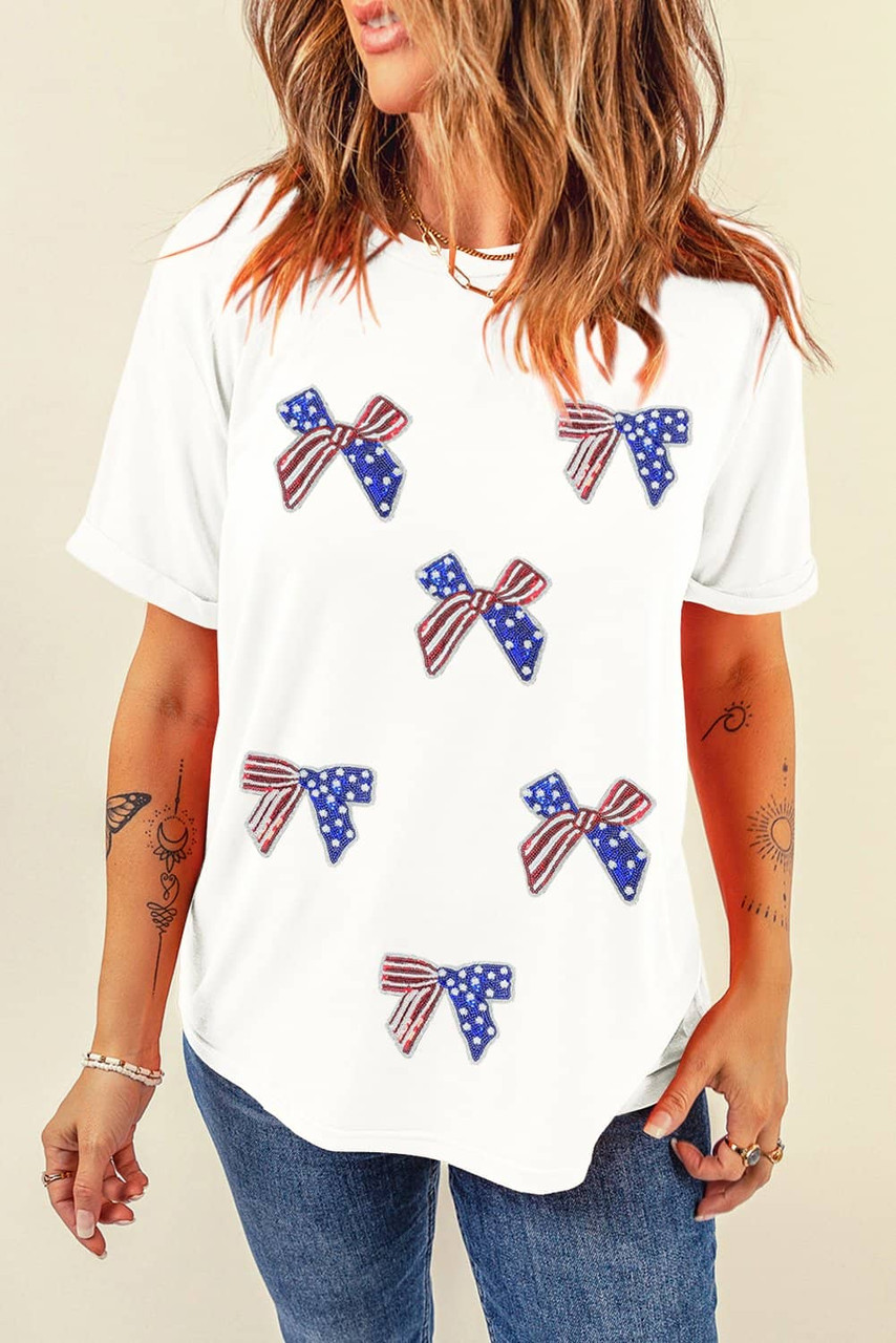 White Sequin Flag Bow Pattern Crew Neck Patriotic Tee White Sequin Flag Bow Pattern Crew Neck Patriotic Tee