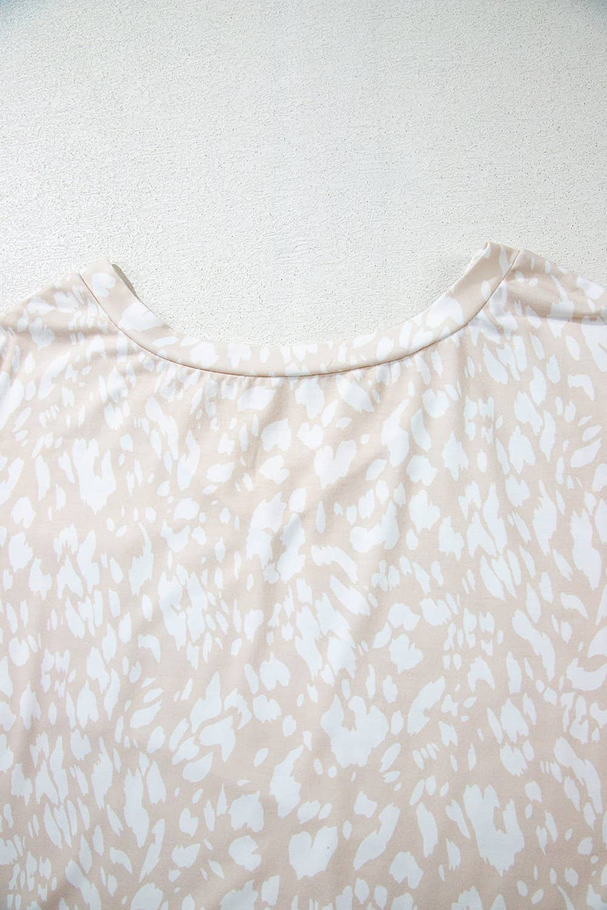 Khaki Leopard Print V Neck Side Slit Loose Fit T Shirt