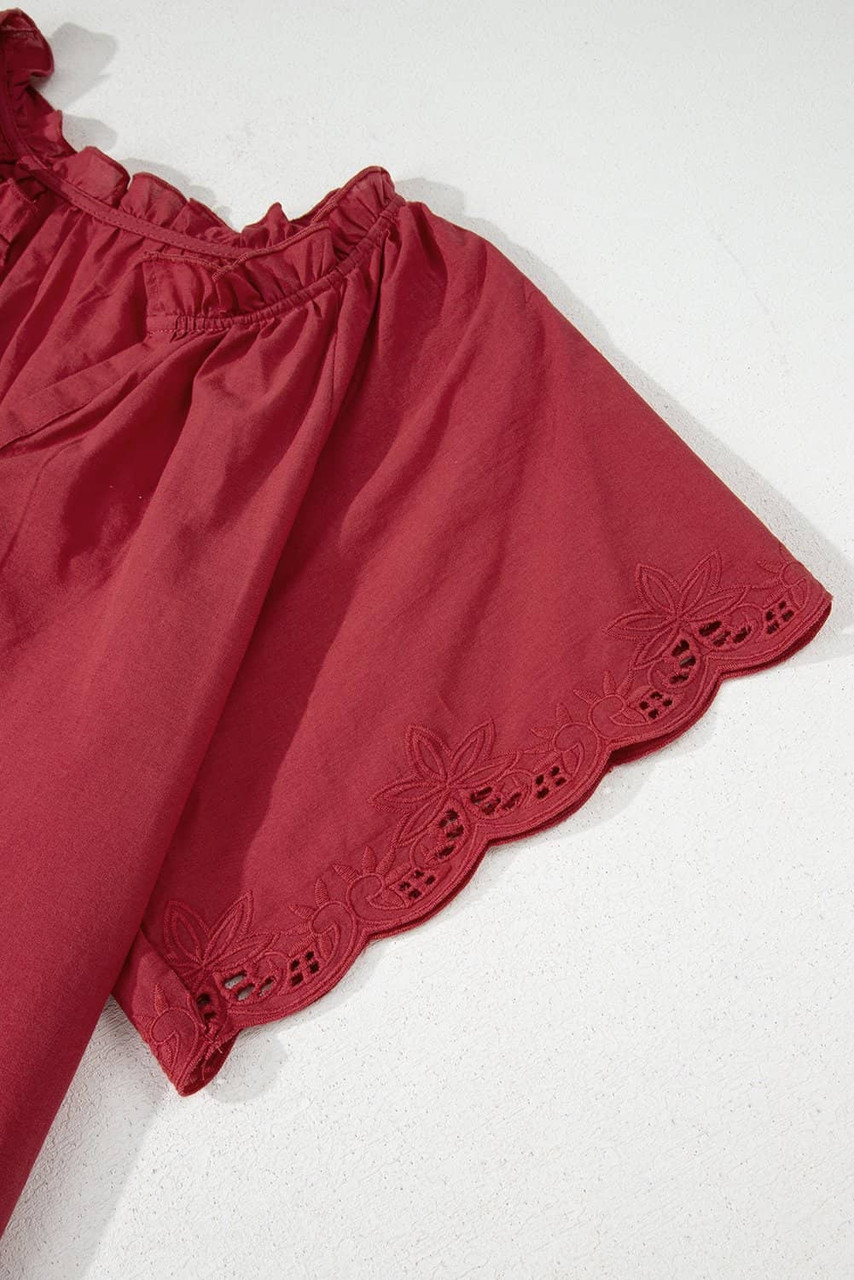 Red Dahlia Floral Embroidered Scallop Trim Short Sleeve V Neck Blouse Red Dahlia Floral Embroidered Scallop Trim Short Sleeve V Neck Blouse