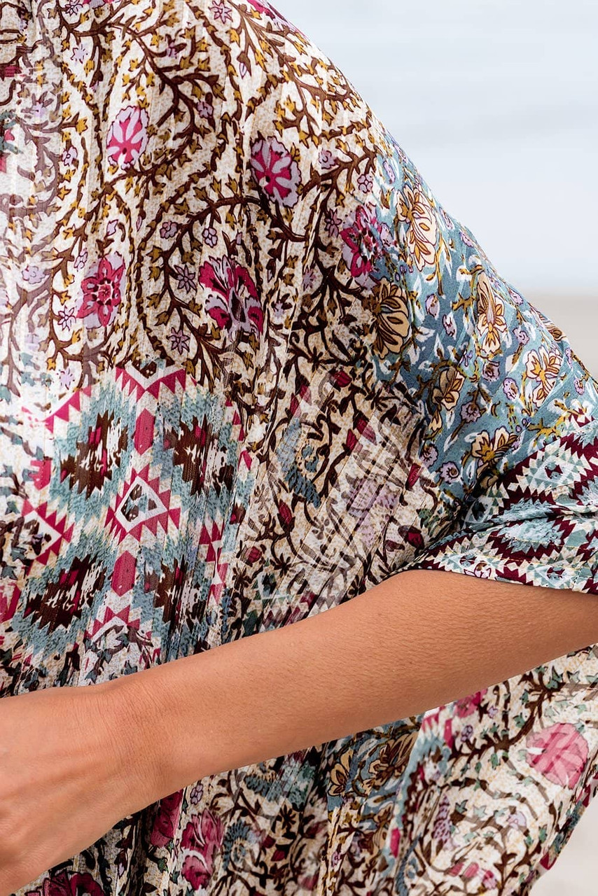 Apricot Floral Print Short Wide Sleeve Open Front Loose Kimono