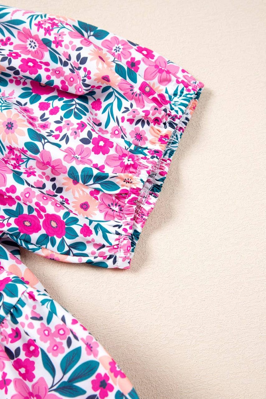 Pink Plus Size Floral Half Button Short Puff Sleeve A-line Dress