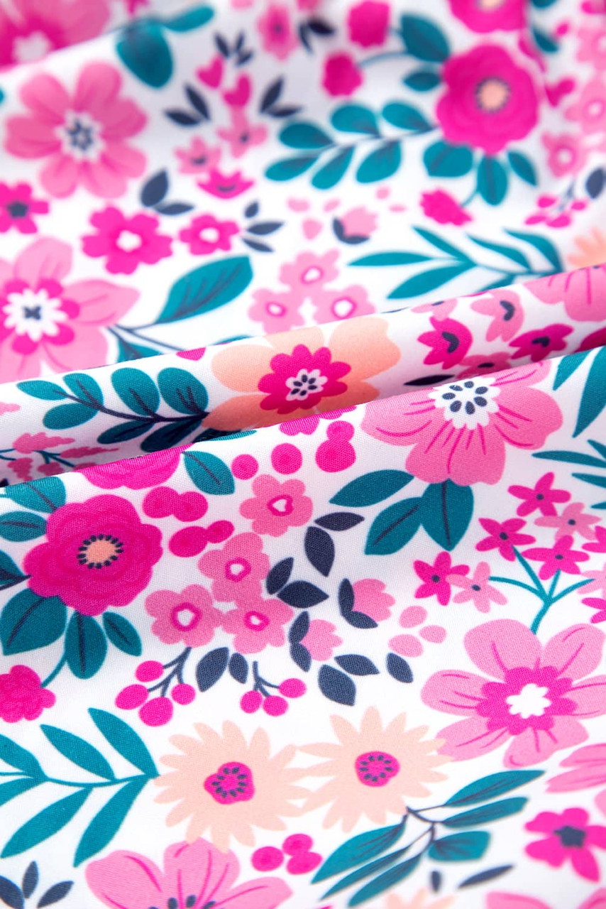 Pink Plus Size Floral Half Button Short Puff Sleeve A-line Dress