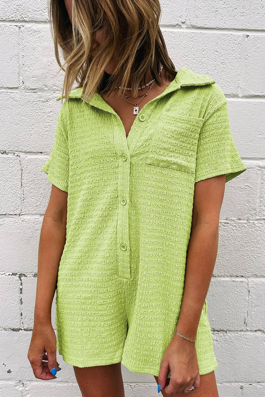 Meadow Mist Green Textured Short Sleeve Patched Pocket Buttoned Shirt Romper Meadow Mist Green Textured Short Sleeve Patched Pocket Buttoned Shirt Romper