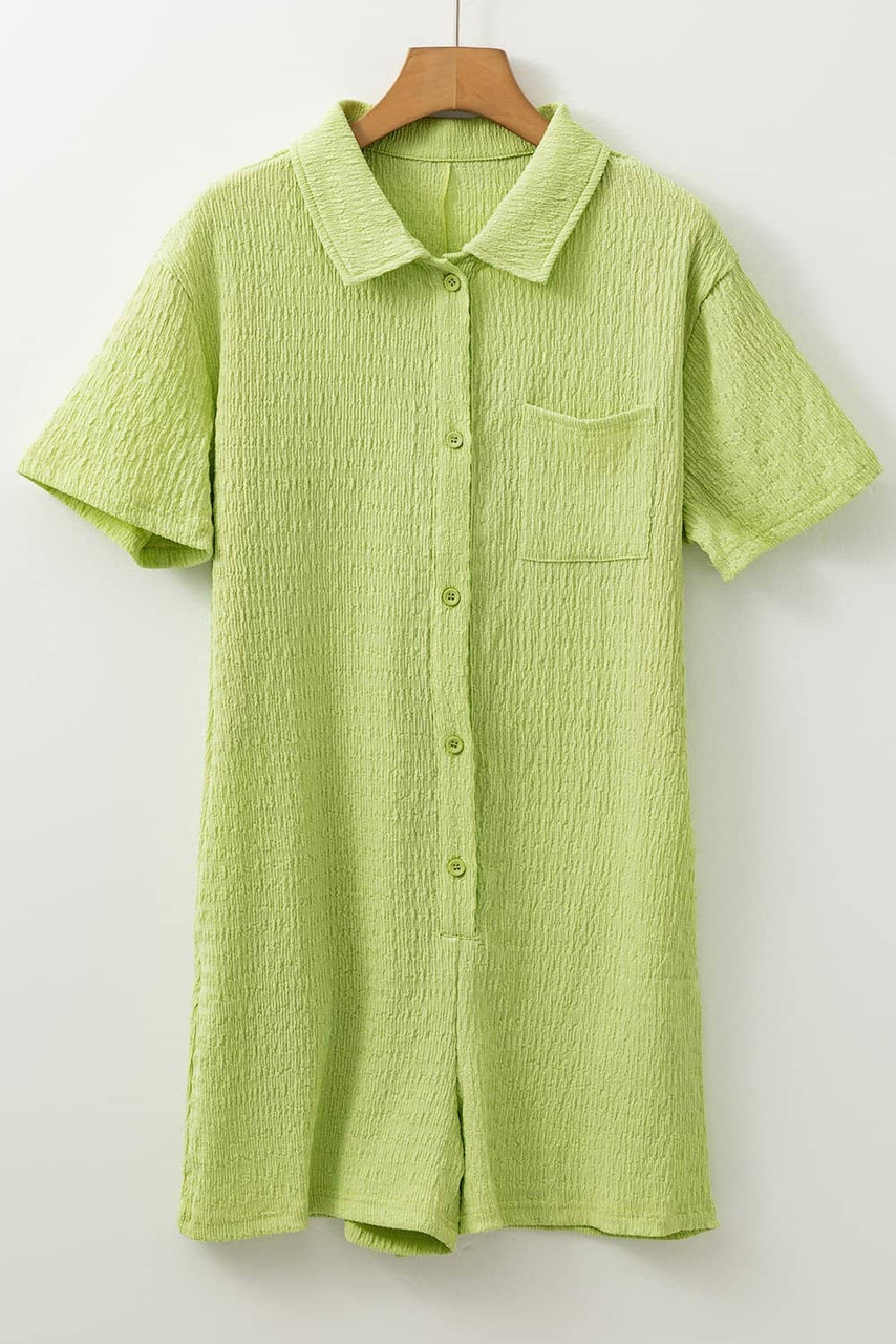 Meadow Mist Green Textured Short Sleeve Patched Pocket Buttoned Shirt Romper Meadow Mist Green Textured Short Sleeve Patched Pocket Buttoned Shirt Romper