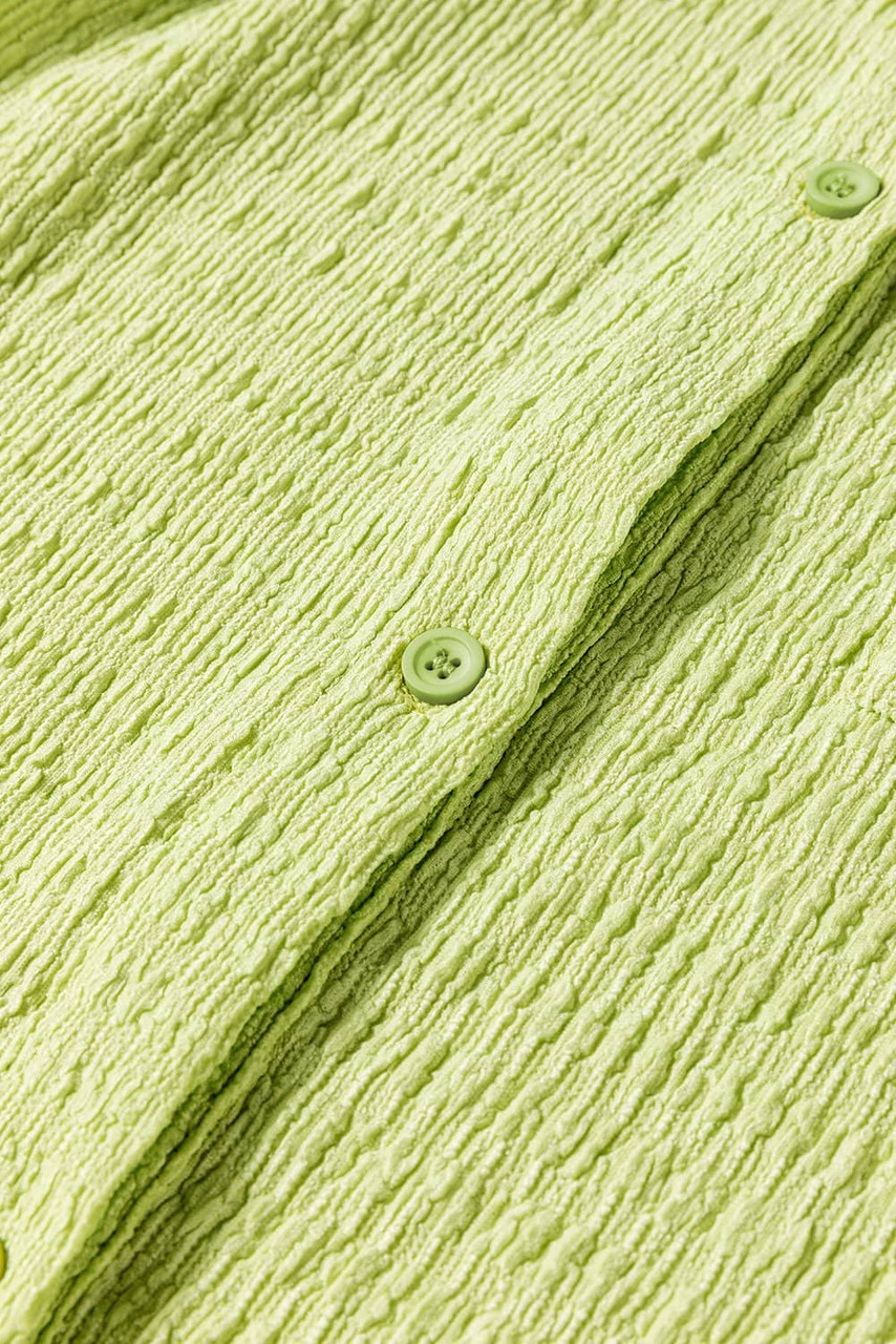 Meadow Mist Green Textured Short Sleeve Patched Pocket Buttoned Shirt Romper Meadow Mist Green Textured Short Sleeve Patched Pocket Buttoned Shirt Romper
