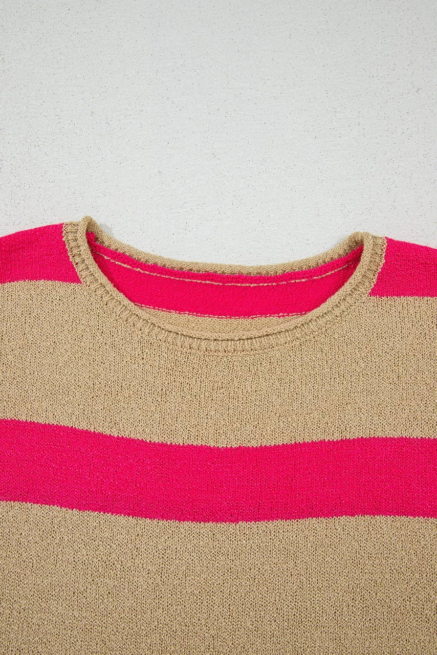 Pink Stripe Colorblock Short Sleeve Crew Neck Lightweight Sweater