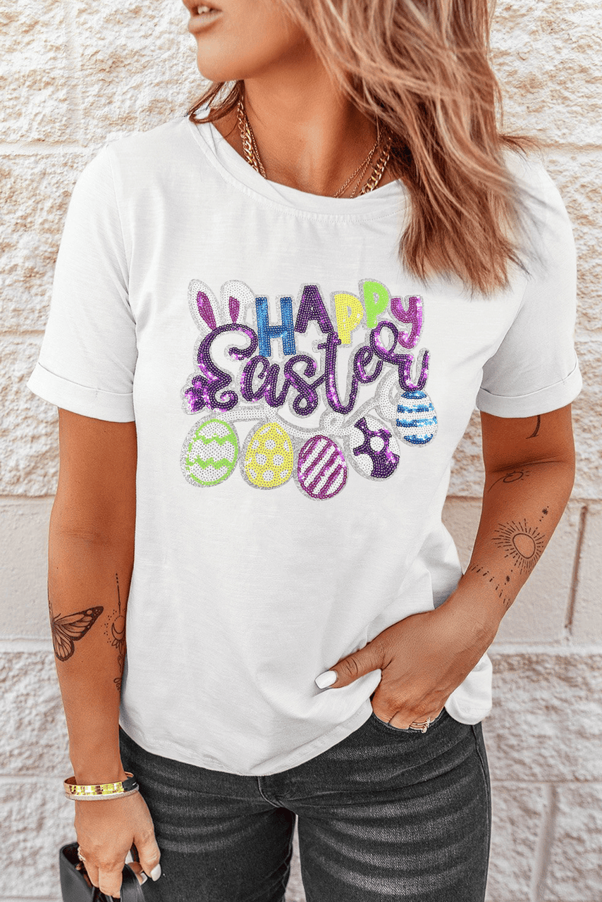 White Happy Easter Sequin Patched Casual Tee