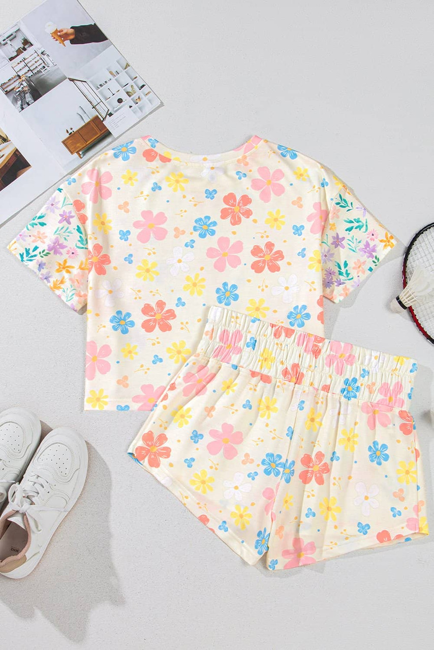 Apricot Floral Print Crop Top Wide Leg Short Set