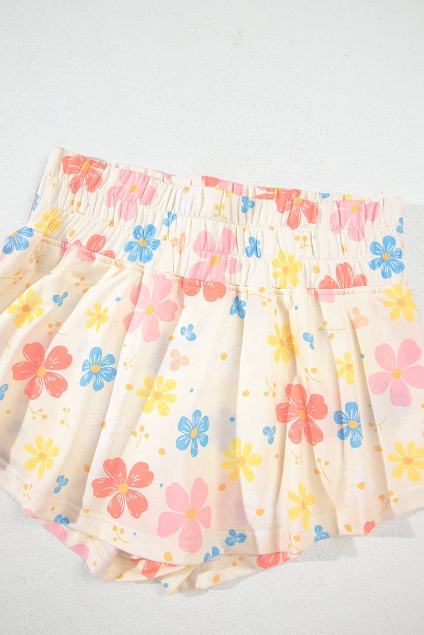 Apricot Floral Print Crop Top Wide Leg Short Set