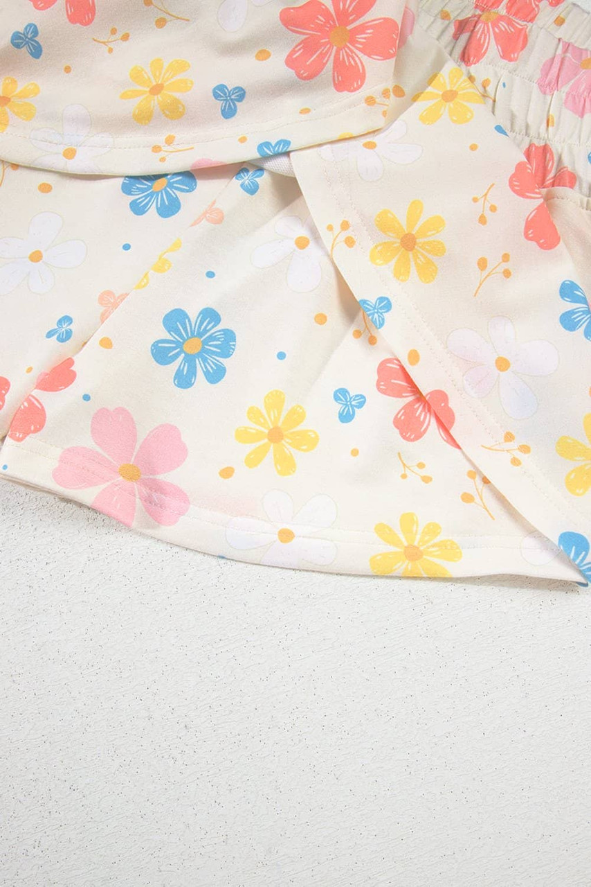 Apricot Floral Print Crop Top Wide Leg Short Set