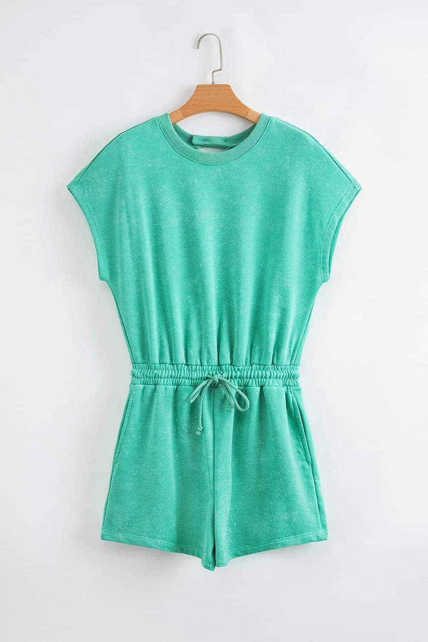 Sea Green Mineral Wash Drawstring Waist Hollow Out Back Short Sleeve Romper Sea Green Mineral Wash Drawstring Waist Hollow Out Back Short Sleeve Romper