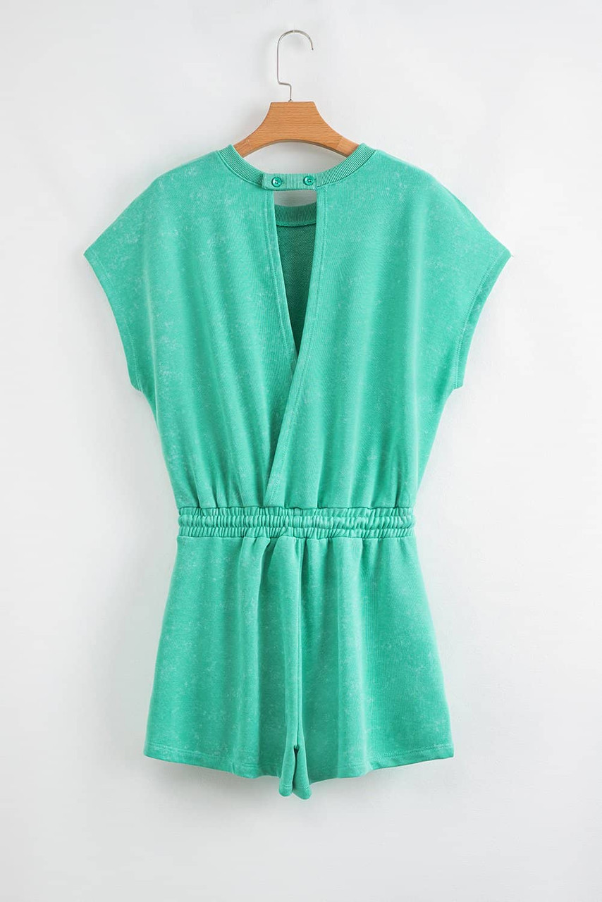 Sea Green Mineral Wash Drawstring Waist Hollow Out Back Short Sleeve Romper Sea Green Mineral Wash Drawstring Waist Hollow Out Back Short Sleeve Romper