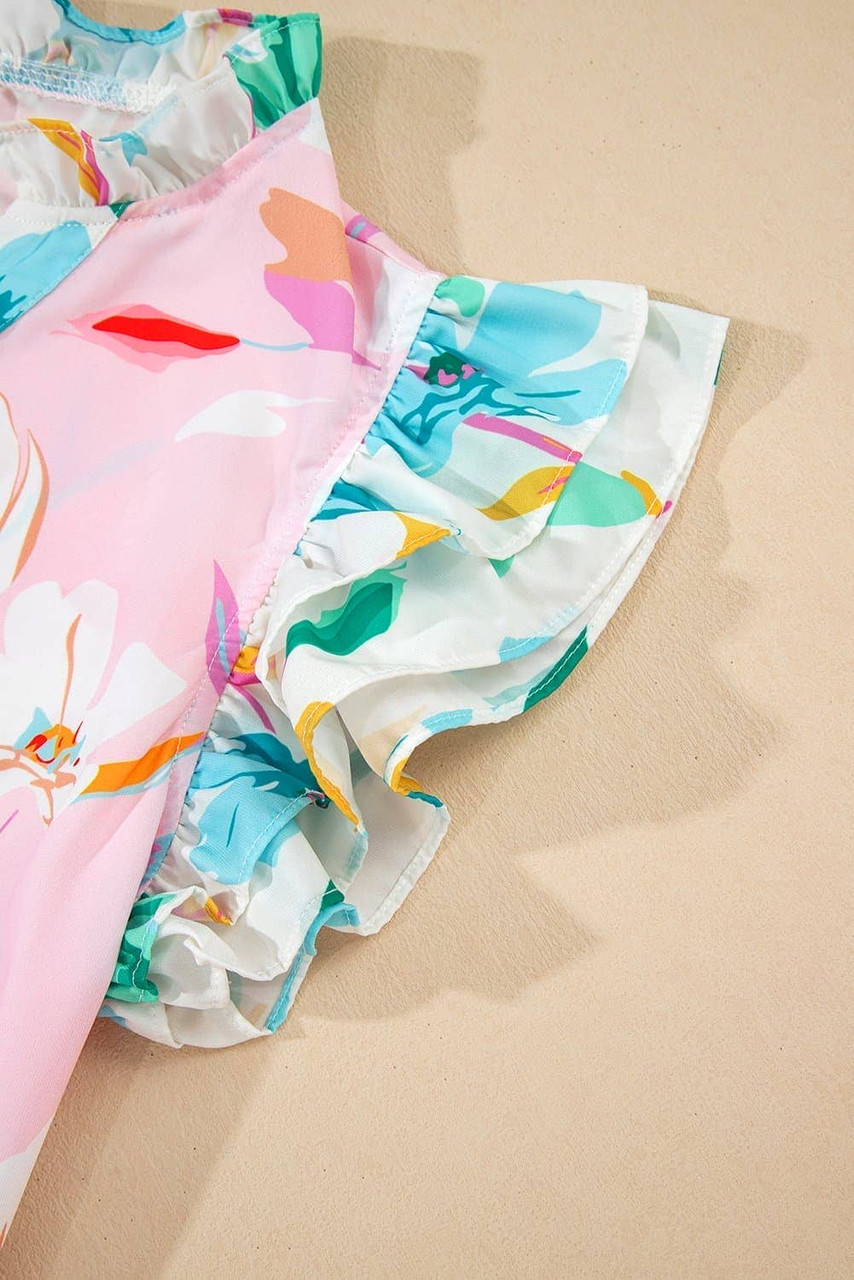 Multicolour Contrast Floral Patchwork Notched Neck Flutter Sleeve Blouse Multicolour Contrast Floral Patchwork Notched Neck Flutter Sleeve Blouse