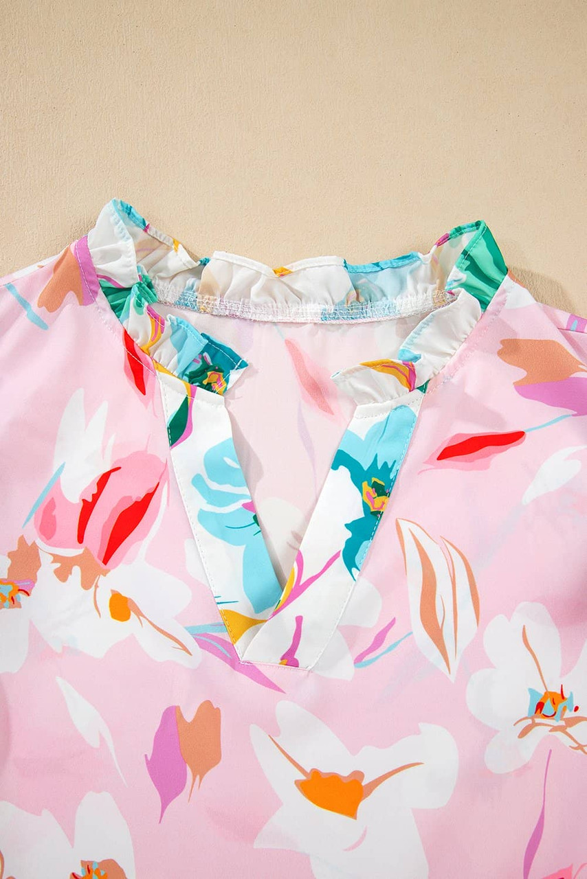 Multicolour Contrast Floral Patchwork Notched Neck Flutter Sleeve Blouse Multicolour Contrast Floral Patchwork Notched Neck Flutter Sleeve Blouse