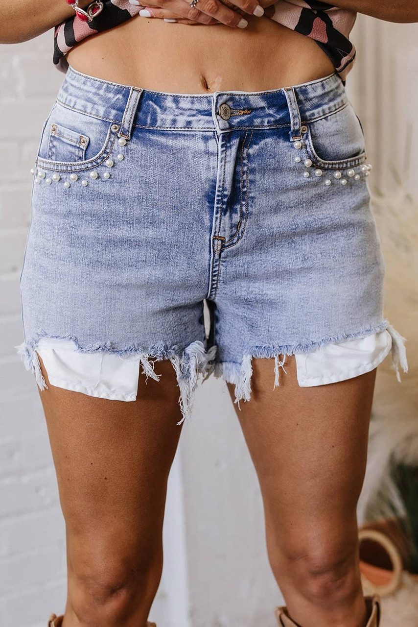 Beau Blue Pearl Studded Pockets Raw Hem Denim Shorts