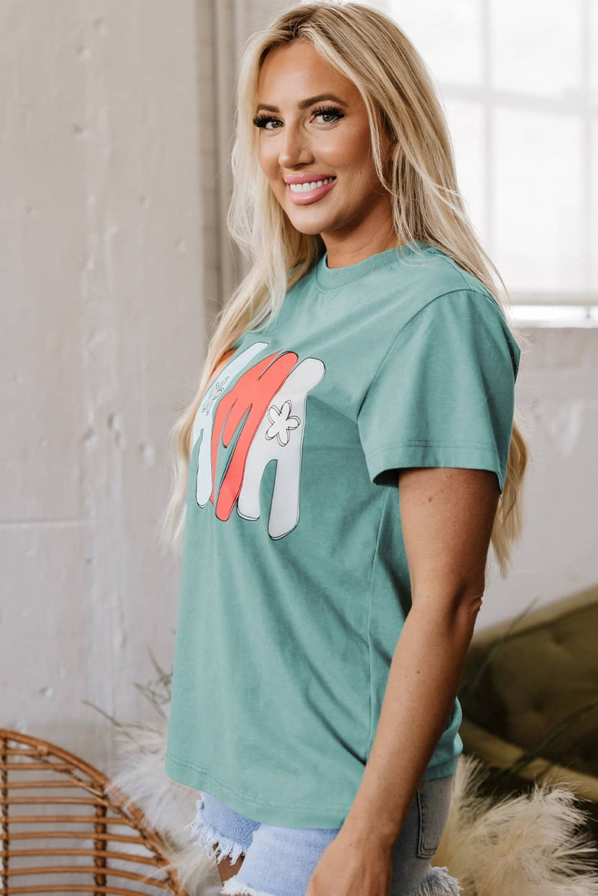 Sea Green MAMA Printed Mineral Wash Crewneck T Shirt Sea Green MAMA Printed Mineral Wash Crewneck T Shirt