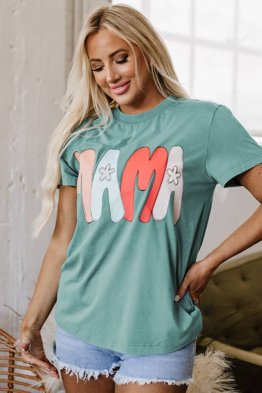 Sea Green MAMA Printed Mineral Wash Crewneck T Shirt Sea Green MAMA Printed Mineral Wash Crewneck T Shirt
