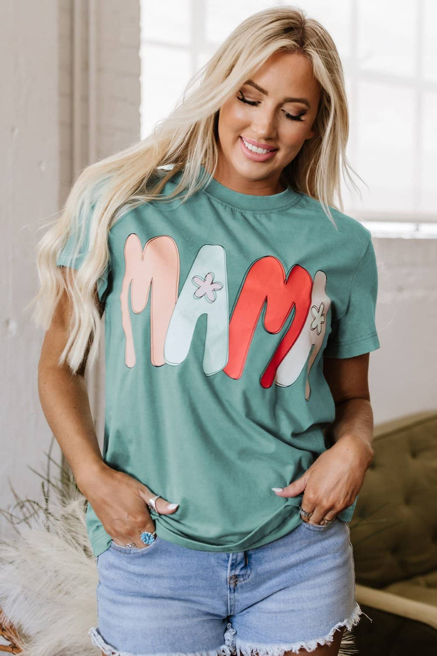 Sea Green MAMA Printed Mineral Wash Crewneck T Shirt Sea Green MAMA Printed Mineral Wash Crewneck T Shirt