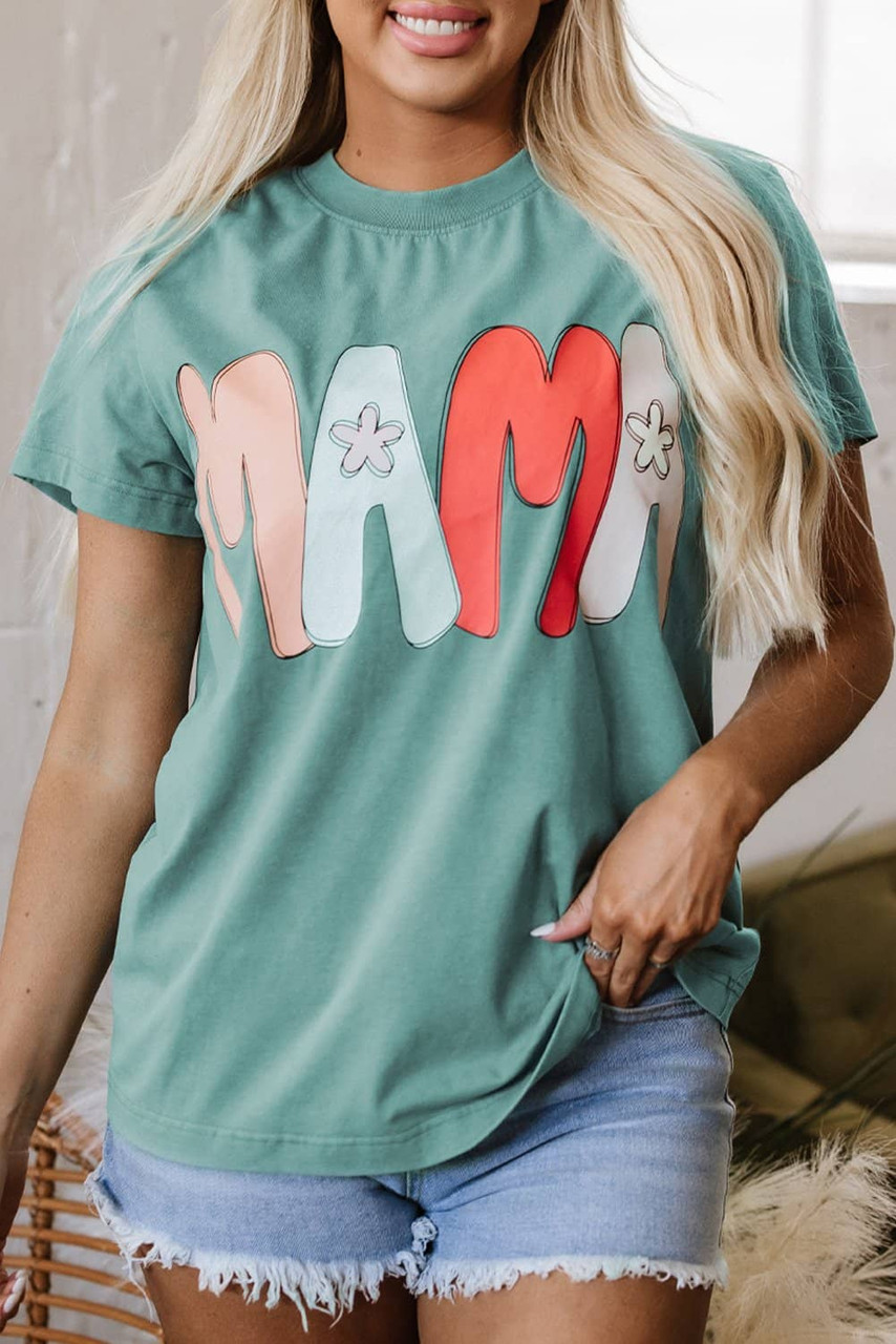 Sea Green MAMA Printed Mineral Wash Crewneck T Shirt Sea Green MAMA Printed Mineral Wash Crewneck T Shirt