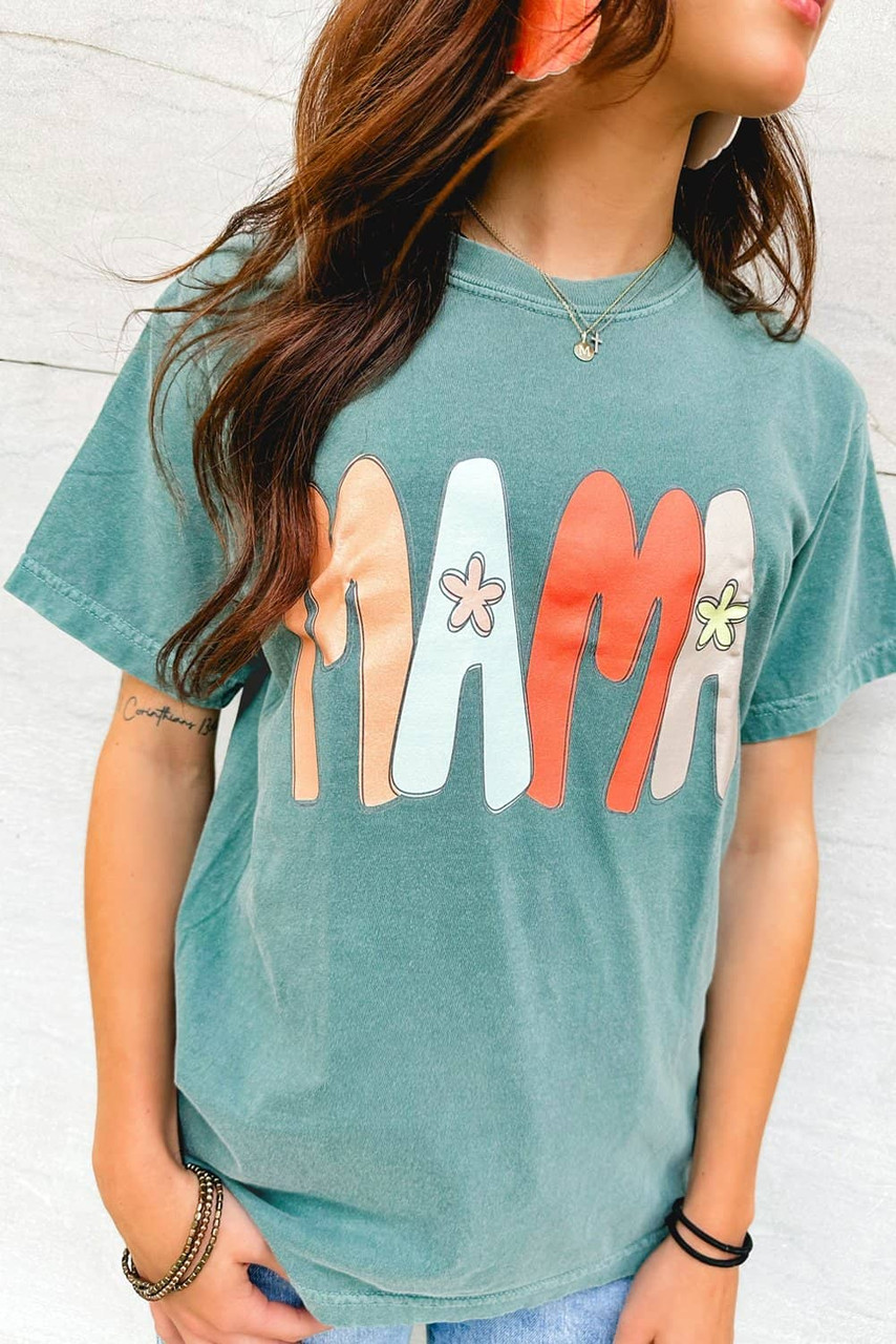Sea Green MAMA Printed Mineral Wash Crewneck T Shirt Sea Green MAMA Printed Mineral Wash Crewneck T Shirt