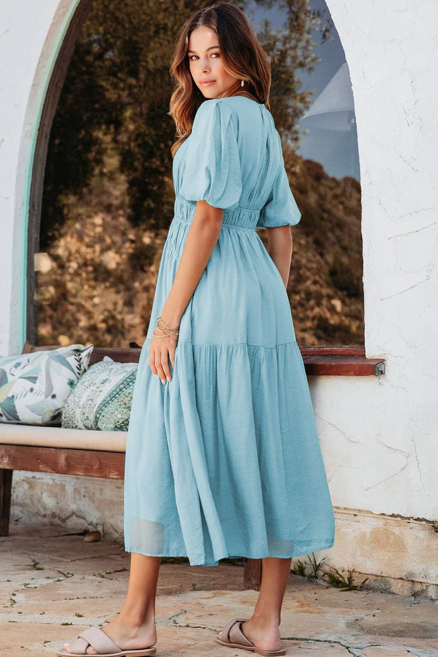 Light Blue Puff Sleeve Pleated High Waist Flowy Midi Dress