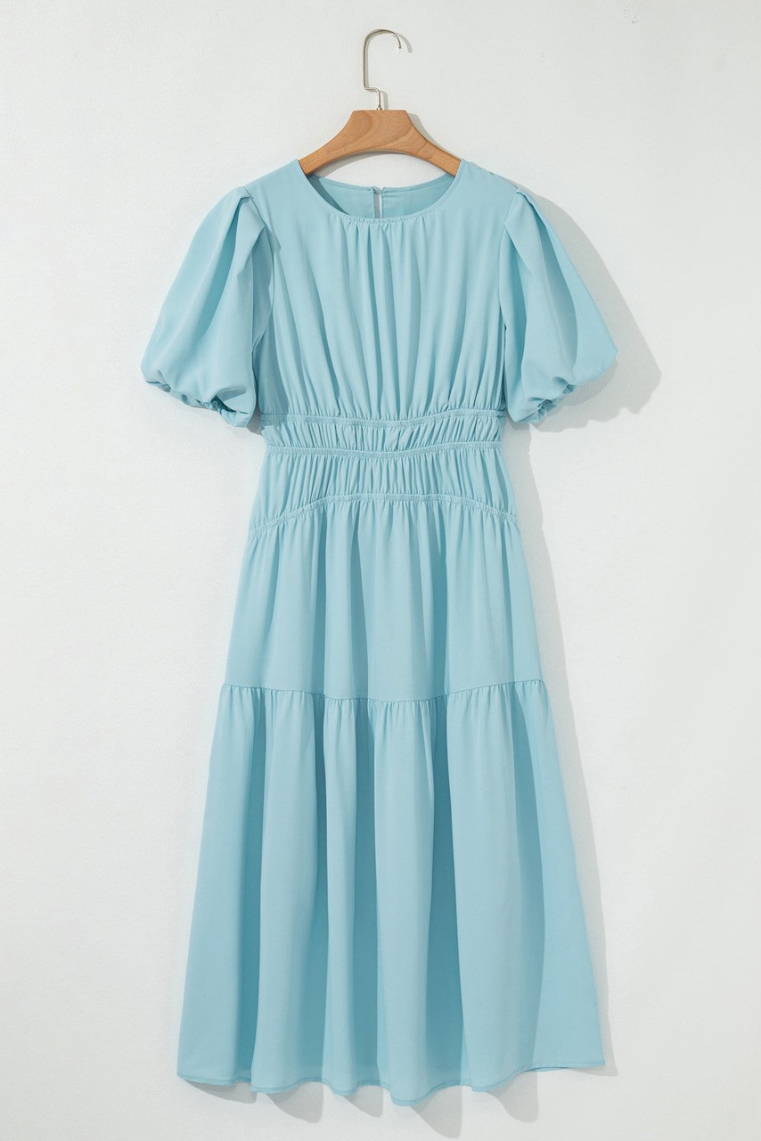 Light Blue Puff Sleeve Pleated High Waist Flowy Midi Dress
