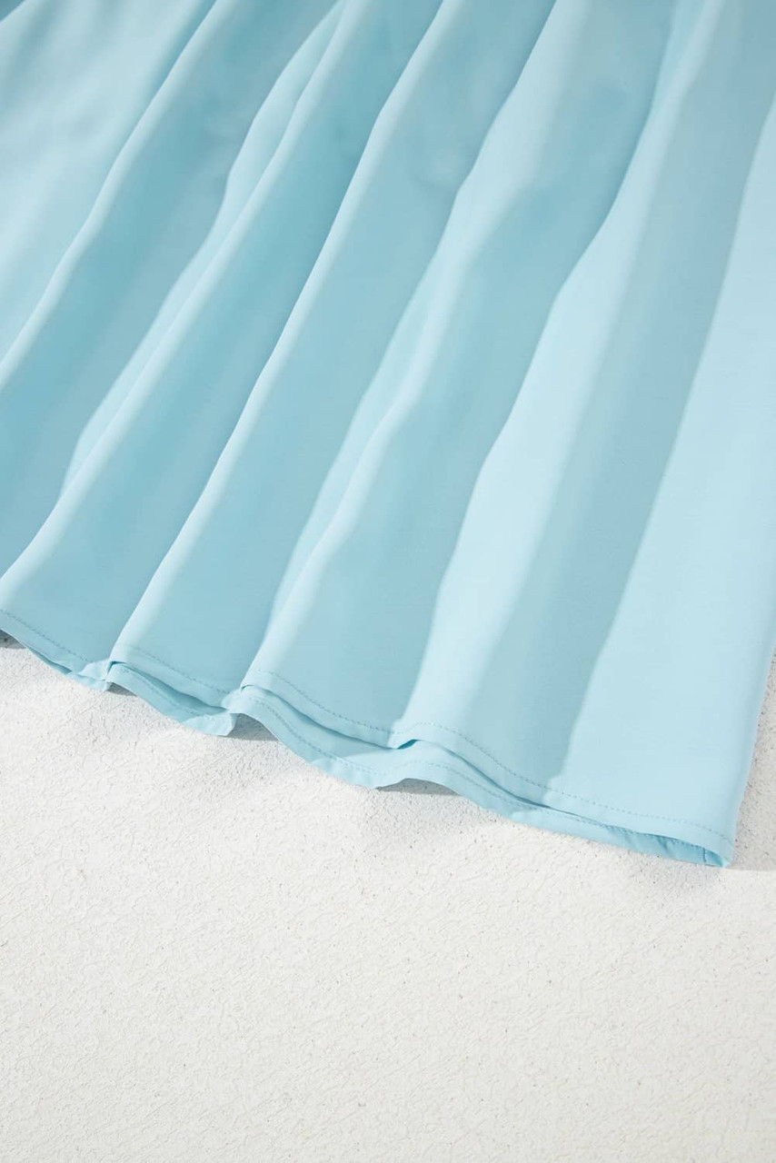 Light Blue Puff Sleeve Pleated High Waist Flowy Midi Dress