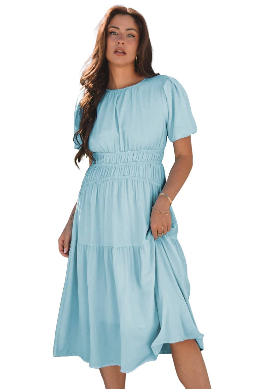Light Blue Puff Sleeve Pleated High Waist Flowy Midi Dress