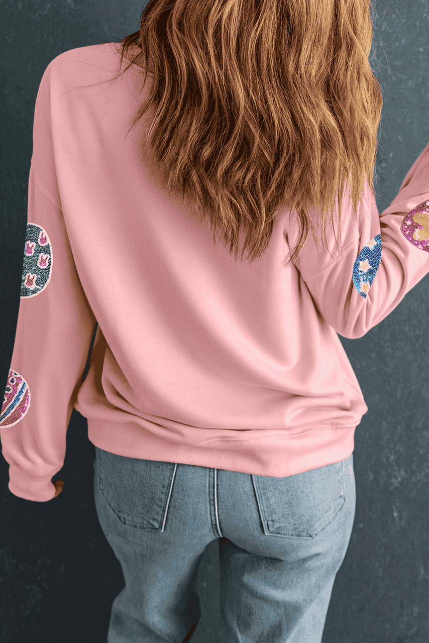 Pink Sequined Easter Egg Patched Pullover Sweatshirt
