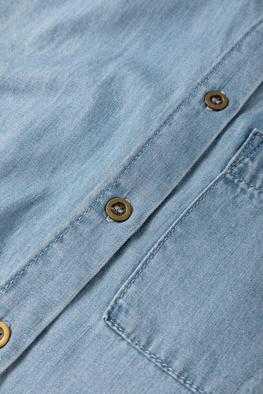 Dusk Blue Folded Short Sleeve Patched Pocket Denim Shirt