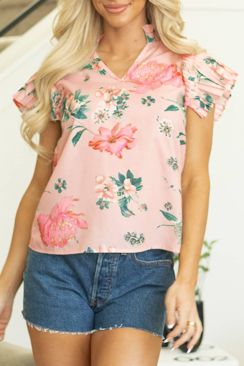 Pink Floral Print Frilled V Neck Pleated Sleeve Blouse Pink Floral Print Frilled V Neck Pleated Sleeve Blouse