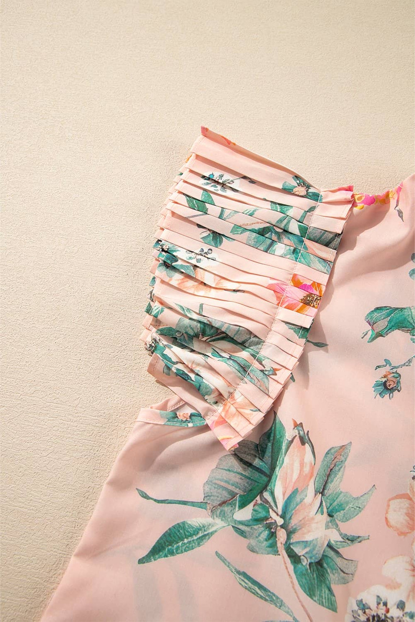 Pink Floral Print Frilled V Neck Pleated Sleeve Blouse Pink Floral Print Frilled V Neck Pleated Sleeve Blouse