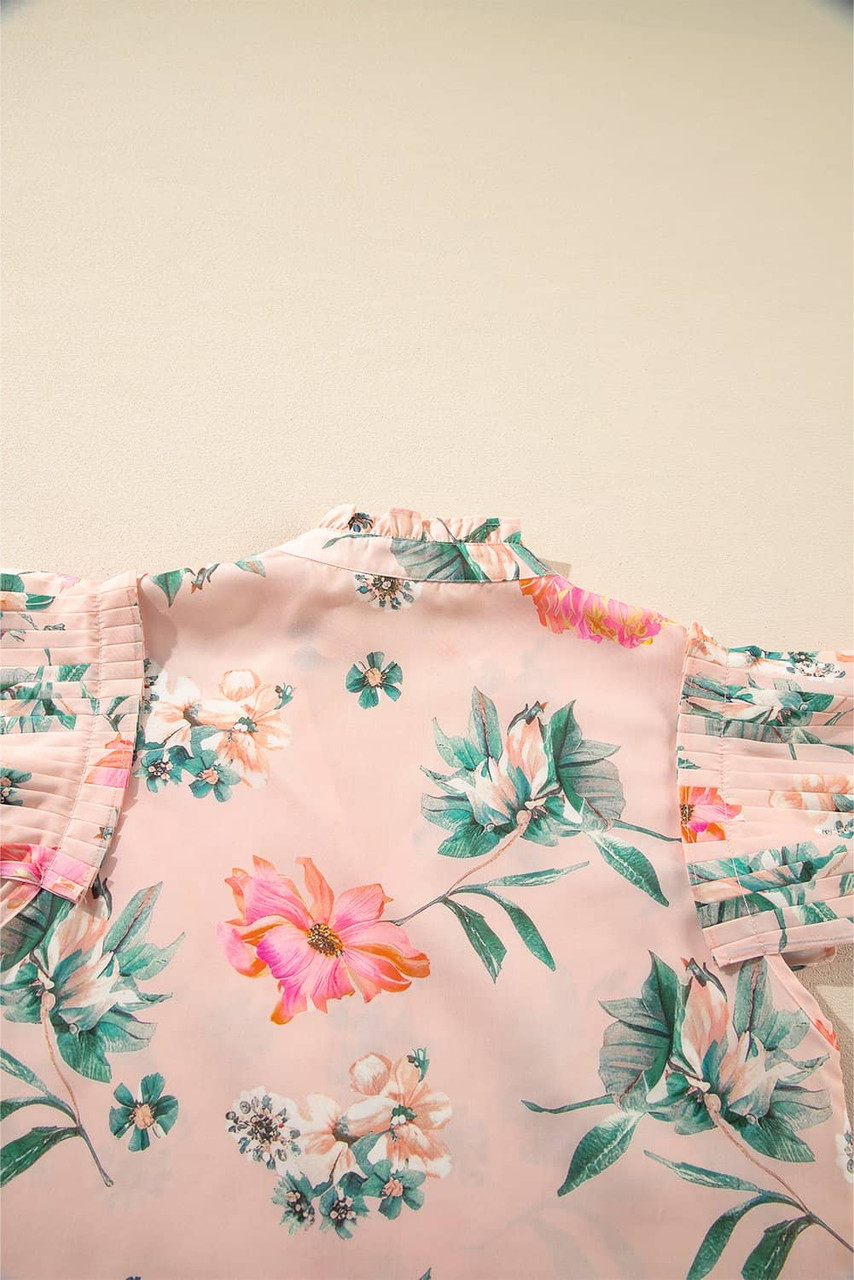 Pink Floral Print Frilled V Neck Pleated Sleeve Blouse Pink Floral Print Frilled V Neck Pleated Sleeve Blouse