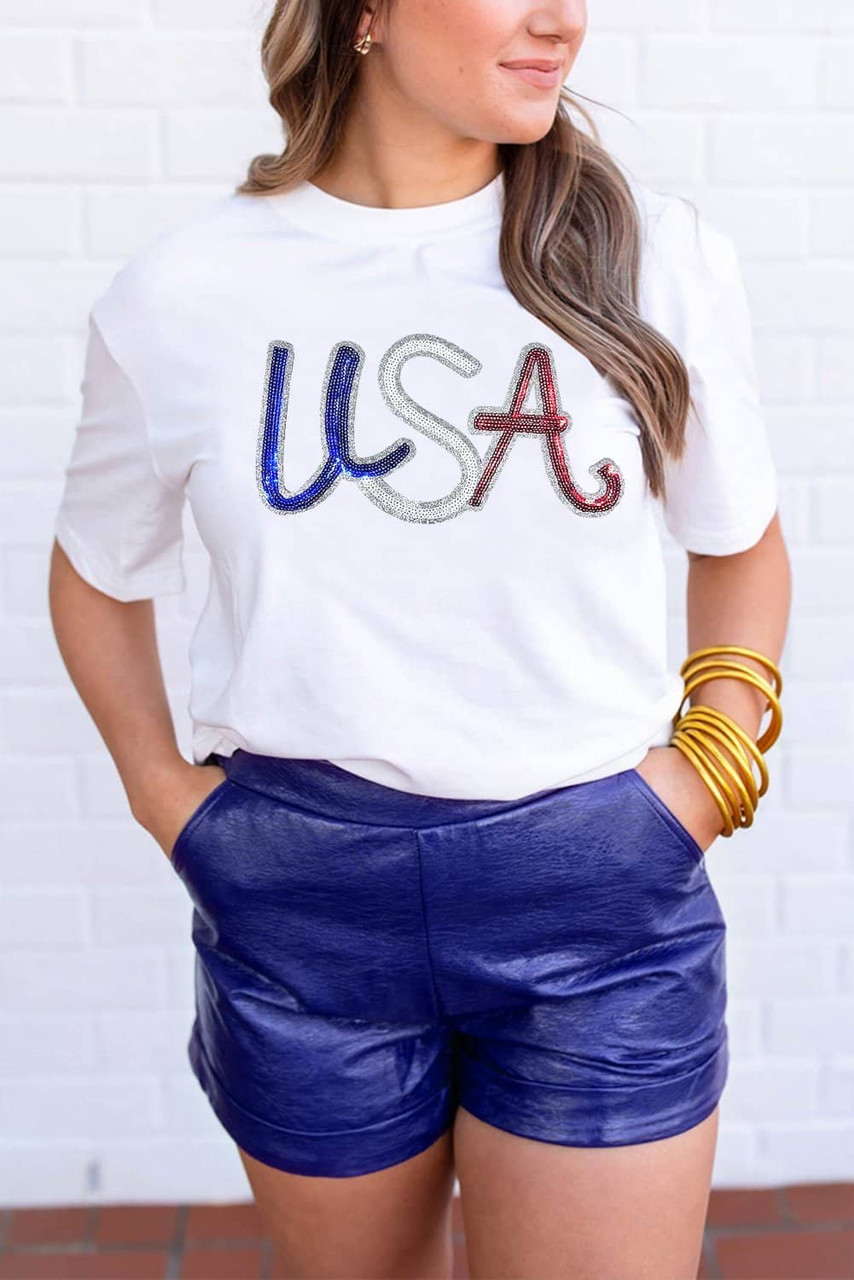 White Sequin USA Graphic Crew Neck Patriotic Tee White Sequin USA Graphic Crew Neck Patriotic Tee