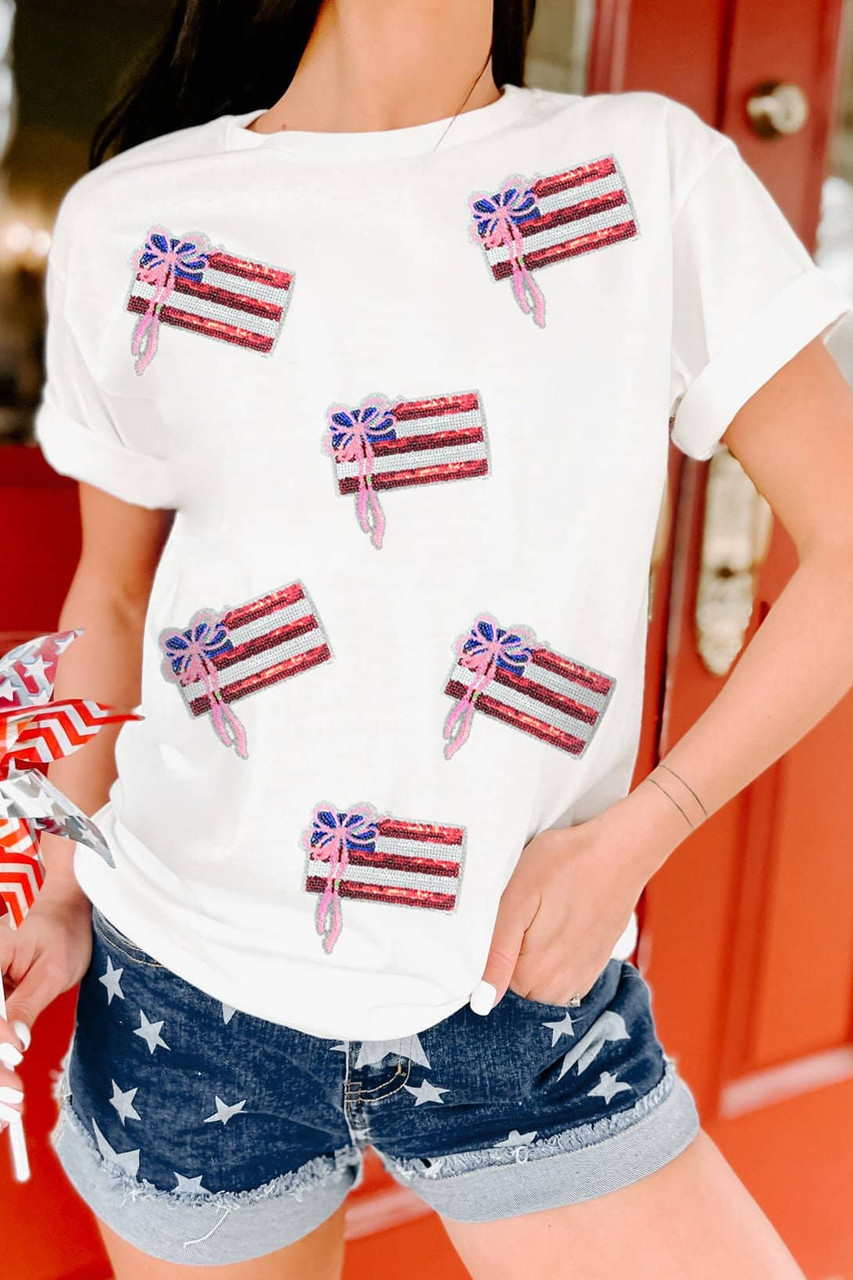 White Sequin Bow American Flag Patched T Shirt White Sequin Bow American Flag Patched T Shirt