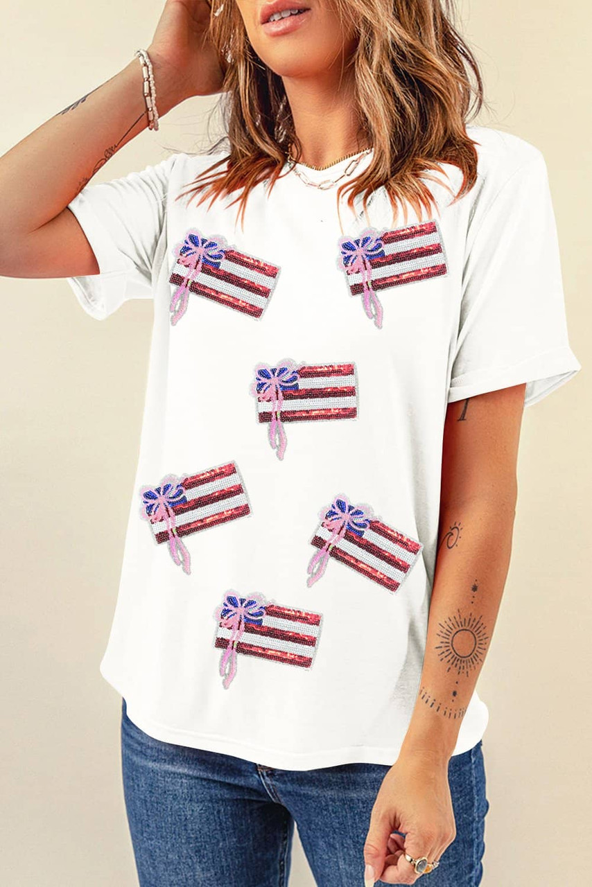 White Sequin Bow American Flag Patched T Shirt White Sequin Bow American Flag Patched T Shirt